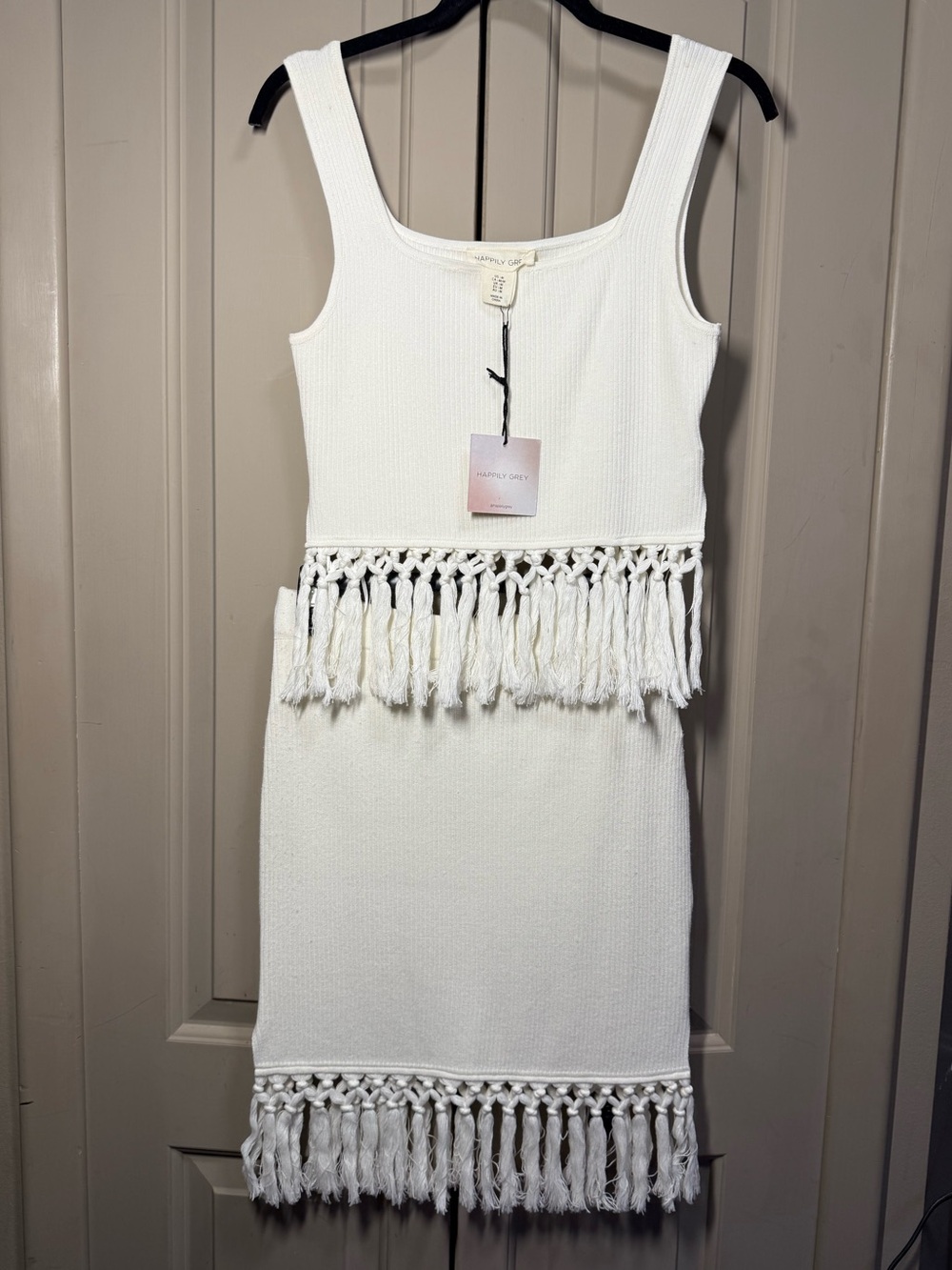 White Fringe Knit Midi 2 Piece Skirt Set